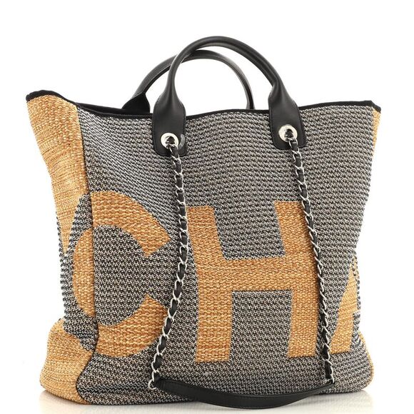 Chanel Deauville Logo Shopping Tote Printed Raffia Large Black, Neutral - Picture 3 of 9